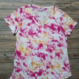 Lane Bryant Asymmetrical Tie Dye Flowy Short Sleeve V Neck Tshirt Top
